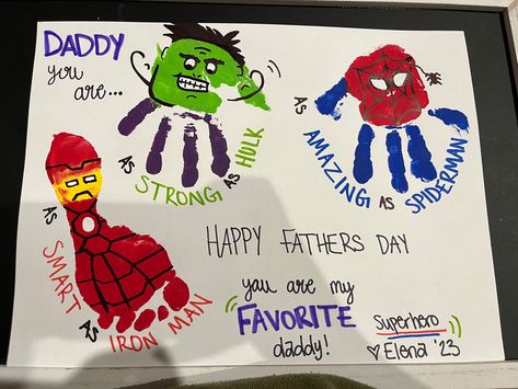 Fathers Day Hand And Footprint Art, Father’s Day Art Super Hero, Father’s Day Kids Hands, Father’s Day Hand Paint Ideas, Super Hero Fathers Day Craft, Father’s Day Craft Footprint, Fathers Day Crafts Superhero, Infant Fathers Day Crafts Daycare, Kids Handprint Art For Dad