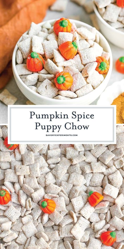 Crunchy, sweet, and full of seasonal flavor, this Pumpkin Spice Puppy Chow recipe may become one of your new fall favorites! Pumpkin Puppy Chow, Old Fashioned Chow Chow Recipe, Fall Puppy Chow, Peanut Butter Muddy Buddies, Sweet Chex, Puppy Chow Recipe, Mouthwatering Desserts, Chow Recipe, Fabulous Desserts