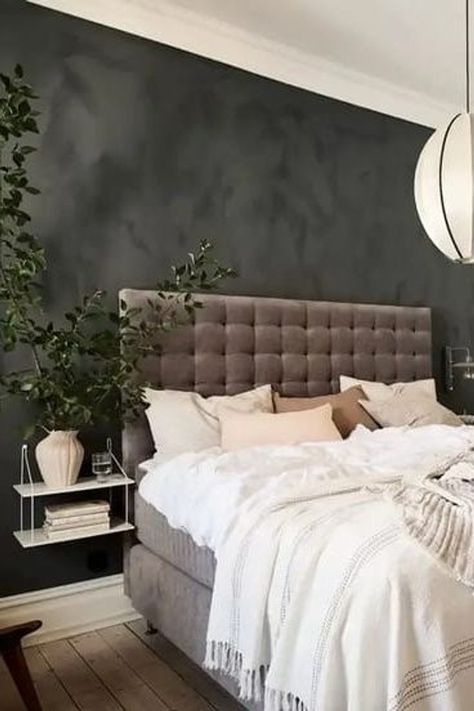 Bedroom Inspirations With Accent Wall, Dark Bedroom Feature Wall, Dark Limewash Walls Bedroom, Moody Limewash Bedroom, Black Limewash Bedroom, Dark Limewash Bedroom, Limewash Black Wall, Lime Wash Bedroom Wall, Dark Wall Accent