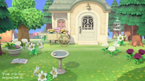 Acnh Diana House, House Exterior Acnh, Acnh Diana, Exterior Animal Crossing, Animal Crossing House, Acnh House, Garden Rock Border, Home Gym Design Garage, Animal Crossing Guide