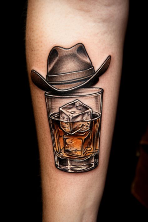 Cowboy hat atop a glass of whiskey with ice, tattooed on an arm. Cowboy Inspired Tattoo, Western Elbow Tattoo, Western Tattoos Men, Space Cowboy Tattoo, Wild West Tattoo, Western Tattoo Ideas, Urban Cowboy Movie, Cowboy Tattoo, Western Tattoo