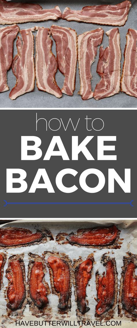 Baking bacon is an easier and cleaner way of cooking bacon. How to bake bacon is part of the Have Butter will travel 'How to' series. How To Bake Bacon, Bake Bacon, Bacon In The Oven, How To Make Bacon, Keto Diet Breakfast, Cooking Bacon, Baked Bacon, Easy Meal Ideas, Best Bacon