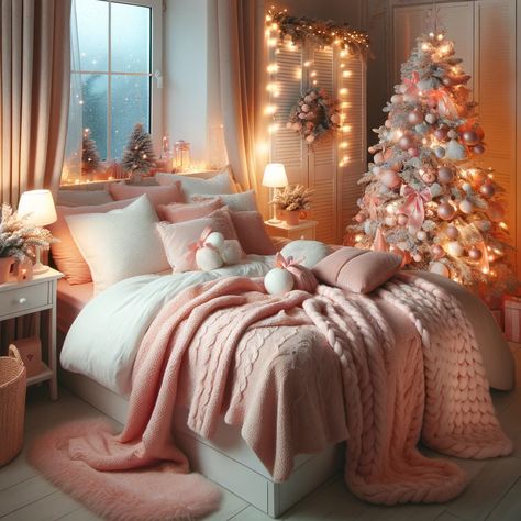 Pink Bedroom Christmas Decor, Pink Christmas Room Decor Ideas Bedrooms, Pink Christmas Room Ideas, Pink Christmas Decorations Bedroom, Pink Christmas Bedroom Decor, Xmas Bedroom, Pink Christmas Bedroom, Cozy Coquette, Christmas Bedroom Decor Ideas