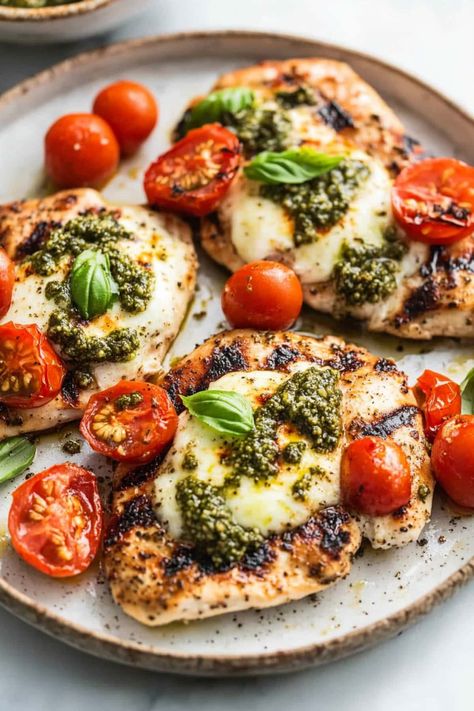 Grilled Chicken Margherita - Insanely Good Grilled Chicken Margherita, Chicken Margherita, Plate Of Food, Chicken And Pasta, Pesto Cheese, Chicken With Italian Seasoning, Green Pesto, Italian Cooking, Dinner Recipes Crockpot