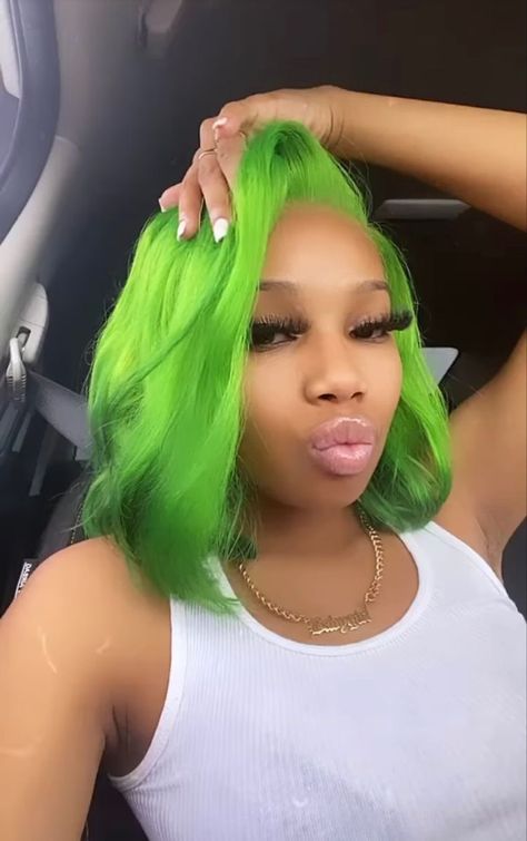 Green Bob Wig, Fire Hairstyles, Chinese Bangs, Green Bob, Neon Green Hair, Dark Green Hair, Frontal Wig Hairstyles, Sew In Hairstyles, Black Ponytail Hairstyles