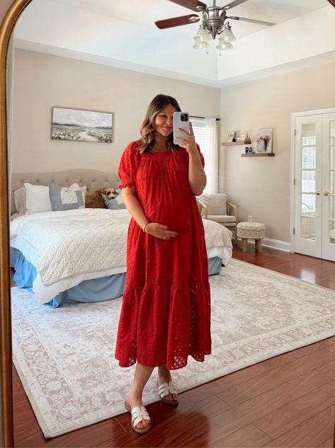 Brass & Roe Tommy Eyelet Midi Dress curated on LTK Red Dress Modest, Modest Maternity Dresses, Modest Maternity, 2025 Wardrobe, Fourth Of July Outfit, Eyelet Midi Dress, Christian Church Outfit, Modest Outfit, Cute Modest Outfits