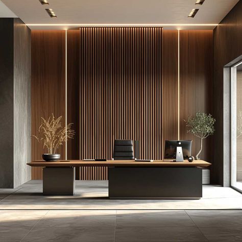 Adding Texture and Style with Unique Vertical Slat Walls • 333+ Images • [ArtFacade] Modern Moody Office, Office Backdrop Ideas, Boss Cabin Design Office, Law Firm Interior, Office Table Design Modern Unique, Md Room, Boss Office Interior Design, Minimal Office Design, Vertical Slats Wall