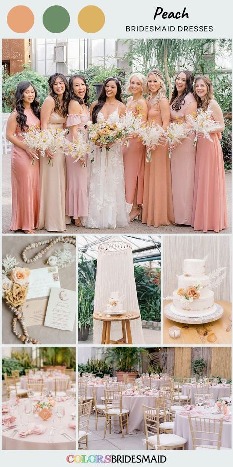 Bridesmaid Dresses Peach, Peach Wedding Decorations, Mismatched Dresses, Peach Bridesmaid, Peach Bridesmaid Dresses, White Flower Bouquet, Peach Saree, Bridesmaid Saree, Wedding Tablecloths