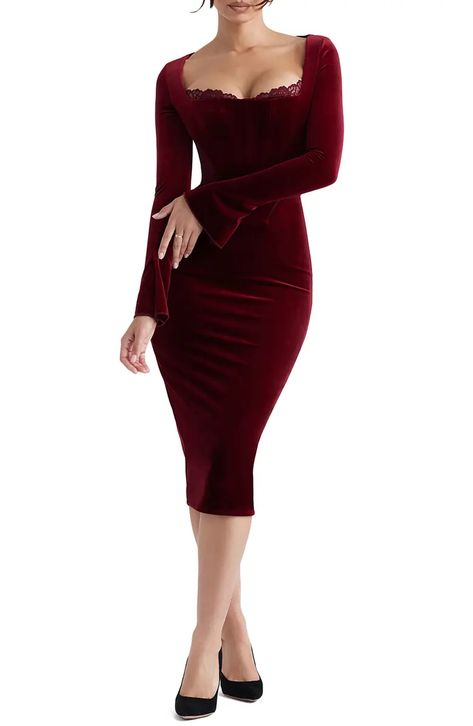 HOUSE OF CB Solaine Lace Trim Long Sleeve Velvet Midi Dress | Nordstrom Velvet Corset Dress, Vintage Velvet Dress, Elevated Fashion, Velvet Corset, Burgundy Midi Dress, Cocktail Outfit, Velvet Midi Dress, Dress Stand, Midi Cocktail Dress