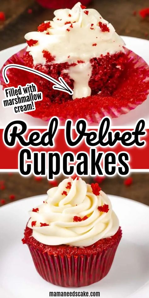 Moist Red Velvet Cupcakes, Red Velvet Cupcakes Recipe, Cupcake Cream, Blueberry Banana Bread, Birthday Cake Decorating Ideas, Sour Cream Coffee Cake, Marshmallow Cream, Filled Cupcakes, Dessert Bar Recipe