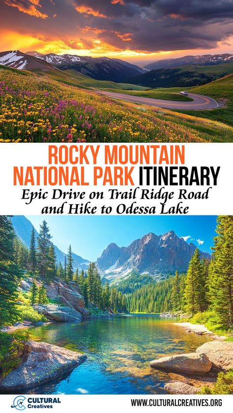 Rocky Mountain National Park Itinerary showcasing a scenic drive along a curving road through wildflower fields at sunset, and a peaceful lake surrounded by towering mountains and lush forests. Rocky Mountain Road Trip, National Park Itinerary, Rocky Mountain National Park Colorado, Road Trip Places, Mountain Adventure, Emerald Lake, The Rocky Mountains, Alpine Lake, Rocky Mountain National