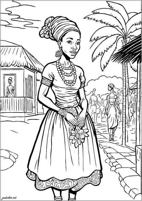 Young woman in an african village - Young and elegant woman in an african village. From the gallery : Africa. Artist : IAsabelle. Keywords : Woman. Young woman in an african village - Just Color : Discover all our printable Coloring Pages for Adults, to print or download for free ! Africa Coloring Pages, World Book Day Activities, Africa Craft, African Village, African Goddess, Abstract Coloring Pages, Afrique Art, Coloring Page Printable, Village Scene