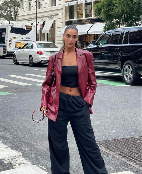 Red Leather Jacket Outfit, Autumn 90s, Red Leather Blazer, Streetwear Office, 90s Harajuku, Blazer Cardigan, Loose Long Sleeve, Long Sleeve Outerwear, Leather Jacket Outfits