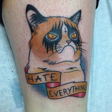 black metal Tard the cat tattoo Grumpy Cat Meme, Kitty Tattoos, Cat Tat, True Tattoo, Nyan Cat, Angry Cat, Tattoo Removal, Tattoo Trends, Trendy Tattoos