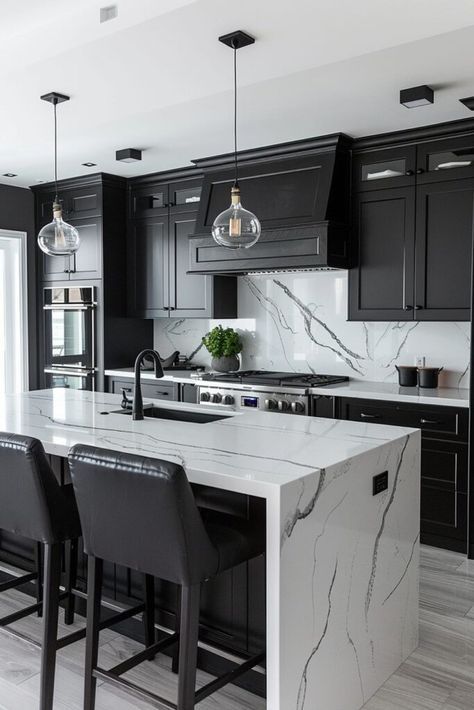 Sleek Contemporary Kitchen, White Marble And Black Kitchen, Black White Gray Kitchen Ideas, Black And Grey House Decor, Modern Kitchen Appliances Design, Kitchen Sinks In Island, Black And White Aesthetic House Interior, Kitchen Set Design Modern, Modern Black Kitchen Cabinets