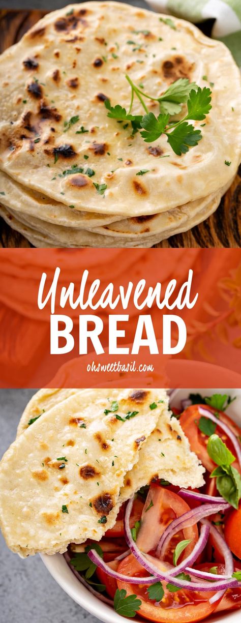 Easy unleavened bread that only requires 3 simple ingredients! Last year we decided to do a Nativity dinner with our children to help us remember Jesus Christ at Christmas. This unleavened bread became a quick favorite of our kids. #unleavenedbread #nativitydinner #breadrecipe Unleavened Bread Recipe, Feast Of Unleavened Bread, Recipes With Yeast, Unleavened Bread, Oh Sweet Basil, Daniel Fast Recipes, Yeast Bread Recipes, Passover Recipes, Homemade Hummus