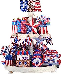 4th Of July Tiered Tray Decor, Farmhouse 4th Of July, Patriotic Tiered Tray Decor, Patriotic Tiered Tray, Memorial Day Decorations, Tafel Decor, Wooden Stars, 4th Of July Decorations, Decor Figurines