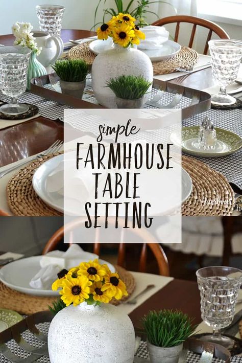 SIMPLE FARMHOUSE TABLE SETTING | This sweet and simple tablescape is perfect for both every day and when special guests are scheduled to arrive. #farmhousestyle #table #homedecor Farmhouse Table Setting Ideas, Farmhouse Place Setting, Simple Farmhouse Table, Farmhouse Table Setting, Farmhouse Fixer, Lake Bell, Modern Farmhouse Table, Simple Farmhouse, Table Place Settings