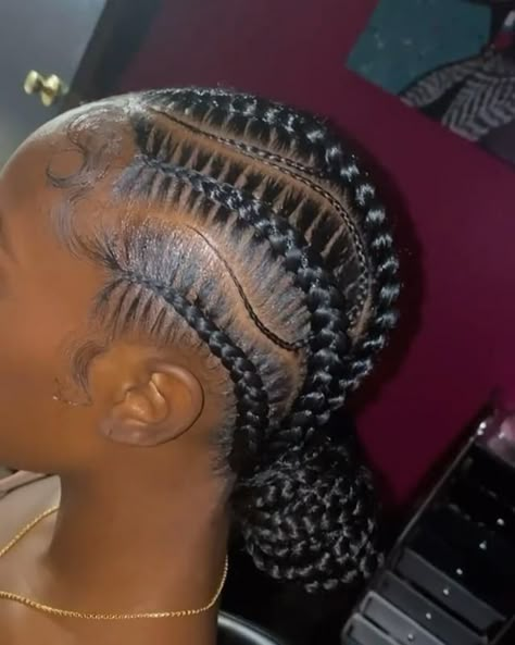 Aug 23, 2021 - This Pin was discovered by Nicola Haynes. Discover (and save!) your own Pins on Pinterest Braided Side Bun For Black Women, Stitch Braids With Small Braids In Between, Feedin Stitch Braids Black, Stitch All Back Cornrows, Stitches All Back Hairstyle, Cornroll All Back Styles, Straight Back Stitch Braids With Bun, Stitches Braids For Black Women, Stitch Braid Hairstyles For Black Women