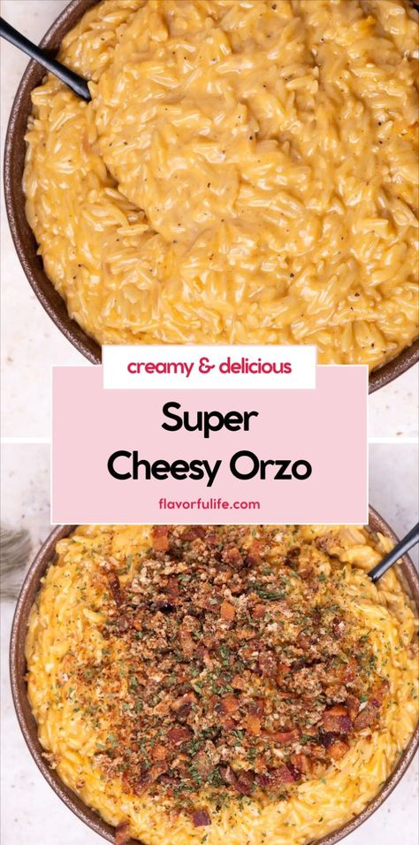 Enjoy this cheesy orzo as the perfect orzo pasta recipe for comfort food lovers. This creamy cheesy orzo combines the best of pasta and orzo mac and cheese for a rich, satisfying side. Try this cheesy orzo pasta for a delicious, creamy addition to your meal lineup with easy cheesy orzo recipes that everyone will love! Orzo Bacon Recipes, Creamy Orzo Recipes, Orzo Pasta Recipe, Pork Side Dishes, Mac And Cheese With Bacon, Cheesy Orzo, Orzo Pasta Recipes, Creamy Orzo, Orzo Pasta Salad