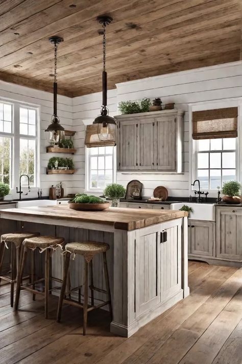 Urban Rustic Kitchen, Country Cabinets Farmhouse Style, Shiplap In The Kitchen, Barndo Kitchen Cabinets, Shiplap Cabin Walls, Lake Cabin Kitchen Ideas, Farmhouse Shiplap Kitchen, Cozy Lake House Kitchen, Kitchens With Shiplap Walls