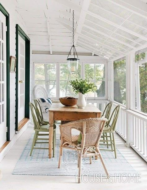 Potting Station, Porch Design Ideas, Cottage Porch, Privacy Shades, Painted Dining Chairs, Stained Table, Sunroom Designs, Porch Makeover, Outdoor Dining Room