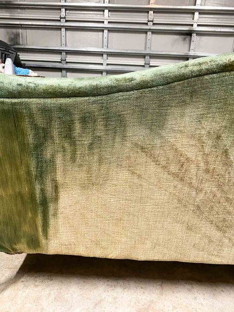 Step-by-step tutorial with four EASY, cheap options for how to paint an upholstered sofa, chair or ottoman using Rit Synthetic Dye. Includes tips on buying a vintage or secondhand furniture piece to dye, how to prep and clean it before dyeing, plus how to ensure the dye doesn't bleed onto clothing or pillows once it's put to use. A budget, DIY beginner friendly tutorial for anyone who wants to give a thrifted or passed down item a whole new look. Reupholster Tufted Couch, Dye Chair Fabric, Paint Fabric Sofa, How To Dye Upholstery Fabric, Painting A Sofa With Fabric Paint, Dye Upholstered Chair, How To Dye Furniture, Diy Sofa Reupholstery, Fabric Paint Sofa