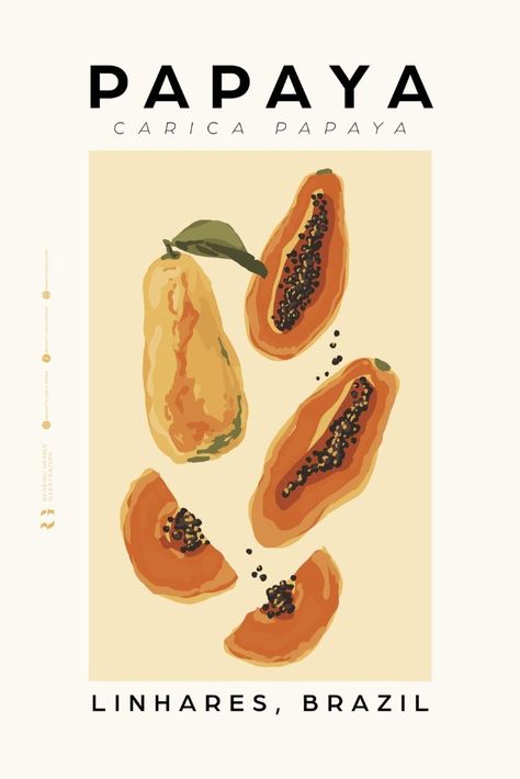 Set of 4 Fruit Posters- Papaya, Passion Fruit, Kiwi and Mango. Perfect hand painted wall decor for kitchen, living room, dining room, office, etc. Papaya Print, Vintage Food Posters, Wall Decor For Kitchen, Papaya Art, Painted Wall Decor, Papaya Fruit, Market Art, Fruit Market, Papaya Fruits