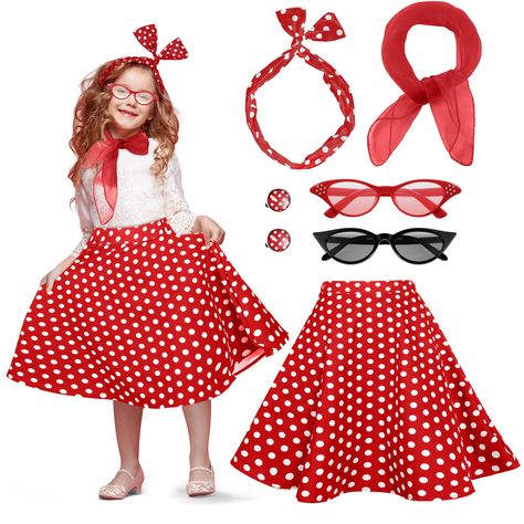 PRICES MAY VARY. Comprehensive Accessory Package: celebrate convenience with a 50s accessories for girls set that includes a polka dot skirt, 2 pairs of glasses, a scarf, a headband, and a pair of ear clips; These items provide what your girl needs to create a memorable 50s inspired outfit Classic 50s Theme: bring back the charm with this 1950s outfits for girls set; The timelessly stylish polka dot skirt with patterns, the cat eye shaped sunglasses are ideal standout pieces that steal the show, 50s Kids Outfits, Kids 50s Outfit Girl, Diy 50s Costume Kids, Kids 50s Costume, 50’s Outfit, 50s Inspired Outfits, Girls Poodle Skirt, 50s Accessories, 50s Theme