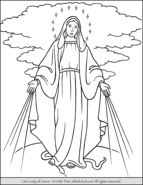 Our Lady of Grace Coloring Page Mary Immaculate Conception Of Mary, Arte Ganesha, Jesus Coloring Pages, Heart Coloring Pages, Kid Coloring Page, Love Coloring Pages, Bible Coloring Pages, Catholic Kids, Bible Coloring