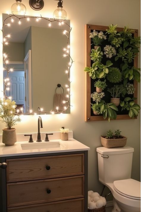 Bathroom with DIY vintage dresser vanity, lighted mirror, and vertical garden wall Boho Bathroom Inspiration, Couple Bathroom Decor, Greenery Bathroom Decor, Bathroom Decor With Plants, Apartment Decor Hacks, Cute Apartment Bathroom Ideas, Bathroom Apartment Ideas, Bathroom Decor Ideas Apartment, Stylish Apartment Decor