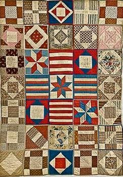 This quilt of individually quilted and bound blocks is attributed to the Civil War years, made for a Soldier's Aid Society---in the collection of the New England Quilt Museum. Potholder Quilt, Quilt Museum, Word Processor, Vintage Quilts Antiques, Quilted Potholders, Quilt Vintage, Patriotic Quilts, Quilt Of Valor, Sampler Quilts