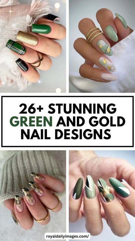 Green And Gold Nail Art, Gold Nail Art Ideas, Green And Gold Nail Designs, Elegant Touch Nails, Green Nail Art, Gold Nail Designs, Gold Nail Art, Purple Nail Designs, Green Nail Designs