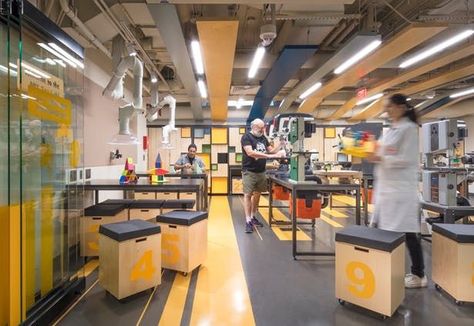 MIT Toy Lab | Merge Architects; Photo: John Horner Photography | Archinect Studio Workspace, Maker Labs, Design Studio Workspace, Laboratory Design, Cozy Coffee Shop, Maker Space, Workshop Studio, Innovation Lab, Cozy Coffee