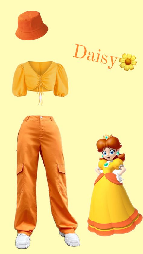 #daisy Daisy Mario Outfit, Daisy Outfit Mario, Mario Disneybound, Diy Princess Daisy Costume, Luigi And Daisy Costume, Princess Daisy Halloween Costume, Mario Costume Diy, Mario Brothers Costumes, Princess Daisy Costume