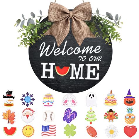 PRICES MAY VARY. WELCOME SIGN FOR ALL SEASONS! :This "Welcome Home" wall art decoration shows heart-welcoming vibes for anyone entering your home.With these 21 Holiday-Themed Pieces,which represent the various seasons and holidays,this interchangeable Welcome Home Sign greet your guests or your friends all year round with new feeling.No need to waste money to purchase different front door signs,just change the changeable holiday accessories for different festivals,different seasons or special da Porch Door Decor, Wood Wreaths, Front Porch Door, Porch Door, Welcome Signs Front Door, Welcome Home Signs, Holiday Accessories, Porch Doors, Wood Wreath