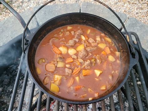 Campfire Dutch Oven Beef Stew {with Gluten-Free Option} Dutch Oven Beef Stew Recipes, Campfire Dutch Oven Recipes, Beef Stew Recipe Oven, Campfire Stew, Dutch Oven Beef Stew, Cooking Stew Beef, Oven Beef Stew, Dutch Oven Beef, Dutch Oven Camping Recipes