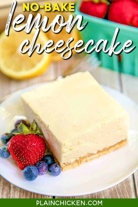 No-Bake Lemon Cheesecake Recipe - graham cracker crust, light, and lemony no-bake cheesecake - SO good. THE BEST no-bake cheesecake EVER! Homemade graham cracker crust topped with a mixture of lemon Jello, lemon juice, cream cheese, sugar, vanilla, and evaporated milk. Whip the evaporated milk to get a super light and fluffy dessert. This is great with fresh berries. #dessert #lemon #cheesecake #nobake Jello With Evaporated Milk, Evaporated Milk Desserts, Berries Dessert, Best No Bake Cheesecake, Evaporated Milk Recipes, Homemade Cheesecake Recipes, Dessert Lemon, Cheese Desserts, Fluffy Cheesecake