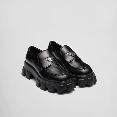 Black Monolith brushed leather loafers | Prada Prada Monolith, Prada Loafers, Black Shoes Men, Best Shoes For Men, Prada Men, Black Leather Loafers, Hermes Shoes, Fendi Shoes, Louis Vuitton Shoes