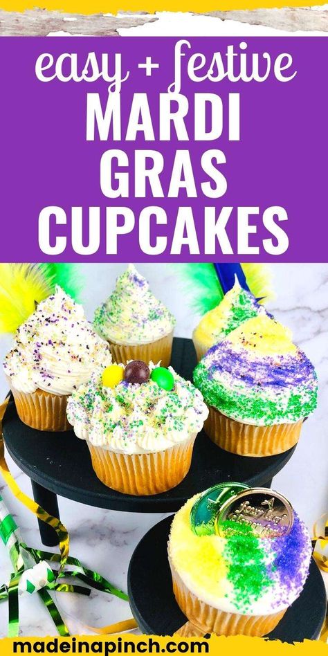 Mardi Gras King Cupcakes! Want to celebrate the beautiful colors and tasty treats of Mardi Gras right at home? End your Mardi Gras with this fun cupcake version of the traditional king cake, which traditionally holds a baby figurine inside. These miniature king cakes have a fun twist on the classic dessert - everyone will be thrilled with the surprise inside! #mardigras #kingcake #cupcakes King Cupcakes, Traditional King Cake, Mardi Gras Cupcakes, King Cakes, Moist Cupcakes, Mardi Gras Food, Vanilla Cake Mixes, Yellow Foods, Cupcakes Recipe