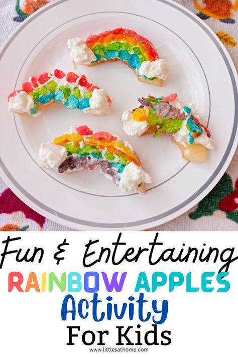 This is a great activity and snack for the kids! Teaching them to make their own food, I love it! Preschool Cooking Activities, Apple Snacks Healthy, Cooking With Kids Easy, Spring Snacks, Preschool Cooking, Rainbow Snacks, Kids Cooking Recipes, Food Activities, Rainbow Food