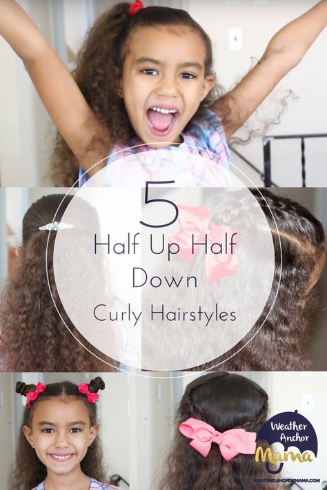 5 Easy Half Up Half Down Curly Hairstyles. We can all agree that quick and easy hairstyles are the way to go. I’m usually very short on time. My daughter and I came up with 5 easy half up half down curly hairstyles for our Curly Hairstyle of the Week. Check out the video tutorial below. Please don’t forget to subscribe to WeatherAnchorMamaTV! Grow Curly Hair, Plopping Curly Hair, Easy Curled Hairstyles, Down Curly Hairstyles, Mixed Hair Care, Mixed Girl Hairstyles, Toddler Haircuts, Biracial Hair, Hairstyles For Girls