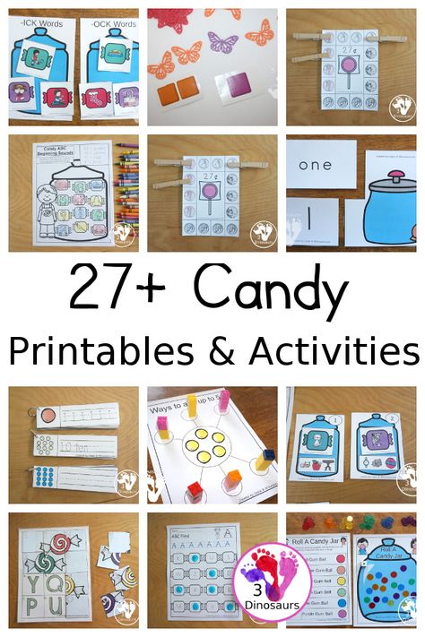 27+ Candy Printables & Activities - candy printable packs, candy ABC printables, candy learning to read printables, candy numbers printables, candy math printables, and candy activities - 3Dinosaurs.com #3dinosaurs #candyprintables #prek #kindergarten Candy Activities For Preschool, Candy Math Activities, Candy Activities, Candy Printables, Candy Math, Candy Science, Monster Activities, Abc Puzzle, Math Night