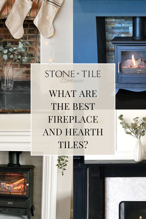 4 Fireplace pictures in a collage with different Hearth and Wall Tiles such as Split Face Tiles and Black Slate Tile In Front Of Fireplace Hearth, Slate Tile Fireplace Surround, Slate Fireplace Makeover, Chevron Tile Fireplace, Tile Hearth Fireplace, Bathroom Fireplace Ideas, Tiled Hearth Ideas, Fireplace Raised Hearth, Fireplace Floor Tile