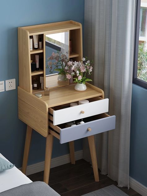 Desk Mirrors, Vanity Table With Drawers, Nordic Vanity, Dresser Stool, Table With Drawers, Creative Tables, Wooden Vanity, Desk Mirror, Bedroom Dresser