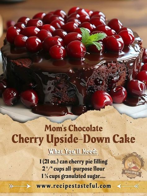 Amazing Tasty Recipes | Mom's Chocolate Cherry Upside-Down Cake | Facebook Upside Down Chocolate Pudding Cake, Cherry Upside Down Cake Recipe, Chocolate Cherry Upside Down Cake, Chocolate Cherry Bundt Cake Recipe, Upside Down Cherry Chocolate Cake, Chocolate Cherry Bundt Cake, Cherry Upside Down Cake, Upside Down Cakes, Chocolate Cherry Cake