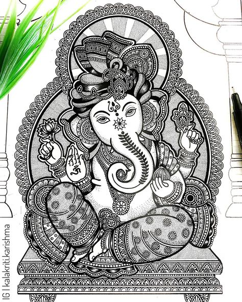 Karishma Srivastava | Mandala on Instagram: “WIP shot for one last time before I post the final picture. I hope you all like the progress so far. Do let me know your thoughts in the…” Karishma Srivastava, Kalakriti Karishma, Ganesha Sketch, गणपती बाप्पा, Wedding Symbols, Ganesh Art Paintings, Mandala Ideas, Easy Mandala Drawing, Easy Mandala