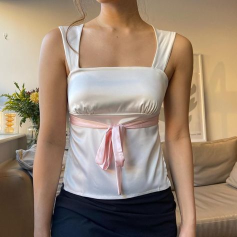 White satin backless tie back pink bow crop top... - Depop Bow Front Top, Ribbon On Clothes, Pink Bow Outfit, Ga Outfits, Tops With Bows, Bow Tops Outfit, Pink Bow Top, Olivia Concert, White Satin Top