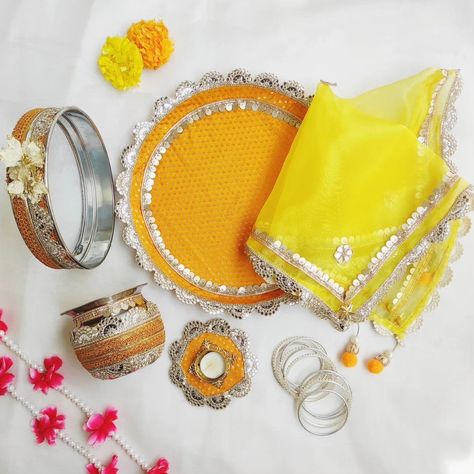 Dive into the beautiful collection of karwachauth sets by @rangrata_ Embellished with the gotta patti, this entire stainless steel karwachauth thali set makes every moment of celebration worth memorable with your special ones. ❤️ Bangles not included 4 colours available✅ Karwa Chauth thali set Karwa Chauth gift set Karwa Chauth puja thali Karwa Chauth festival thali Indian festival thali Diwali thali Hindu festival thali Export Karwa Chauth thali Wholesale Karwa Chauth thali Karwa ... Diwali Thali, Karwa Chauth Thali, Karwachauth Thali, Karwa Chauth Gift, Puja Thali, Karwa Chauth, Hindu Festival, Gotta Patti, Indian Festival