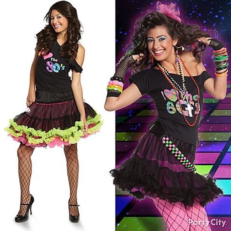 Be, like, totally '80s! Rock your look with gobs of bangles, fishnet gloves, a neon belt and pink leggings. Click for more totally transforming costume ideas! #BeACharacter Punk Outfits 80s, Eighties Costume, Pop Star Costumes, 1980s Costume, 80s Fancy Dress, Pop Party, Party City Costumes, Star Costume, Woman Costume